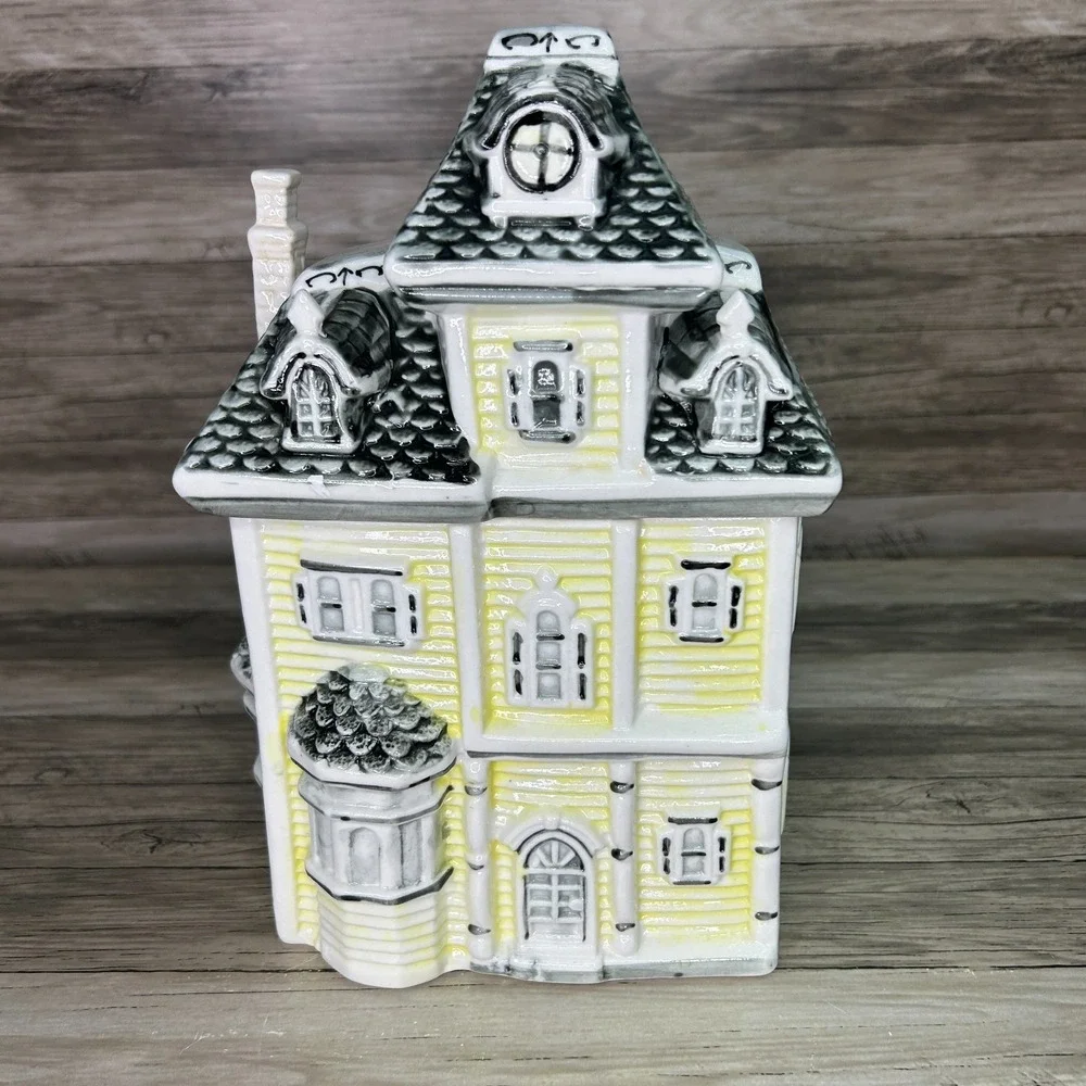 Vintage‎ Victorian House Cookie Jar Yellow Gray Roof Ceramic